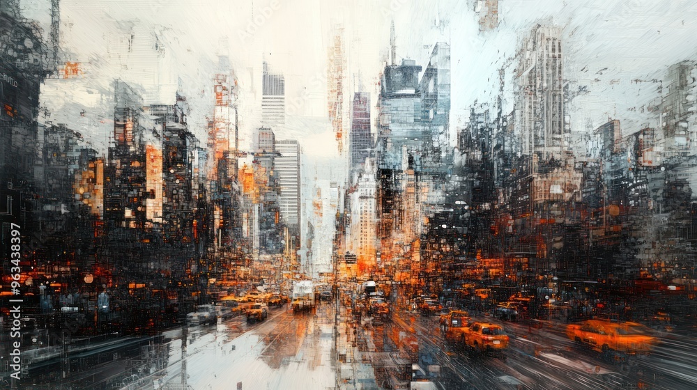 Obraz premium Abstract Cityscape with Cars and Buildings in Warm Colors