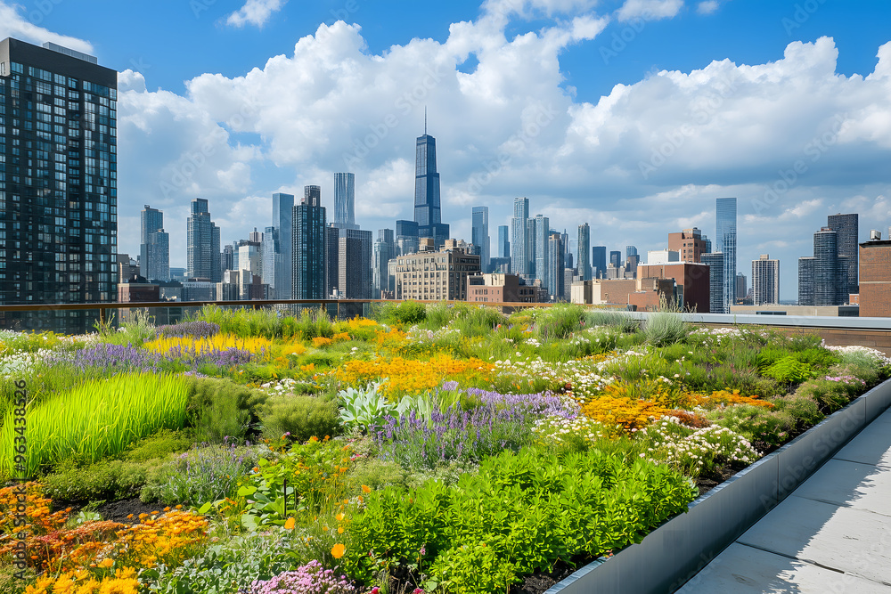 Fototapeta premium Urban Green Roof A city rooftop Eco and Urban Concept