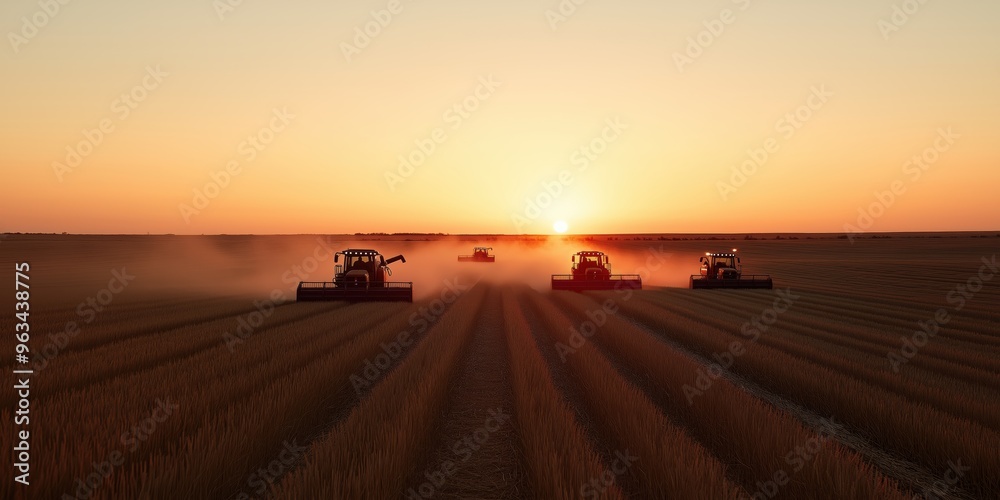 Golden wheat fields being harvested at sunset, combines in action, with dramatic golden hour light Golden wheat fields being harvested at sunset, combines in action, with dramatic golden hour light