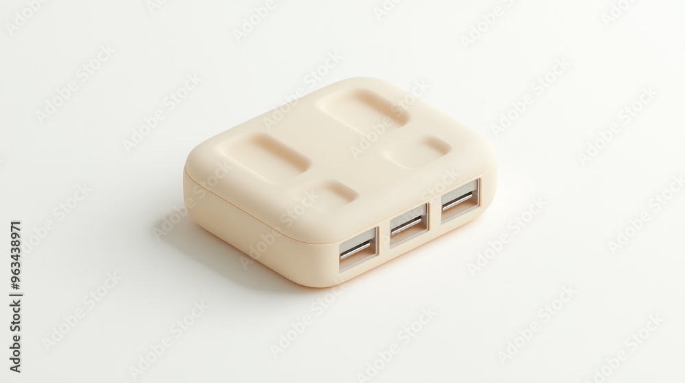 A compact USB charger with three ports, designed for charging multiple devices simultaneously. A compact USB charger with three ports, designed for charging multiple devices simultaneously.