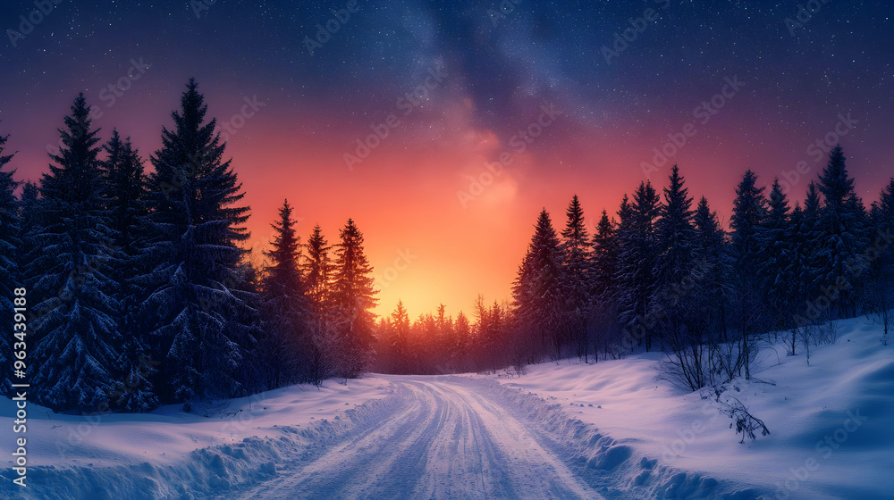 Winter Wonderland Snowy Road through a Forest at Sunset Illustration Winter Wonderland Snowy Road through a Forest at Sunset Illustration