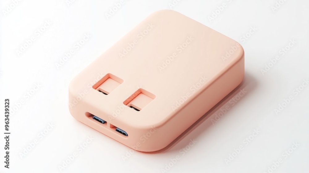 A compact, peach-colored charging adapter with multiple ports for electronic devices. A compact, peach-colored charging adapter with multiple ports for electronic devices.