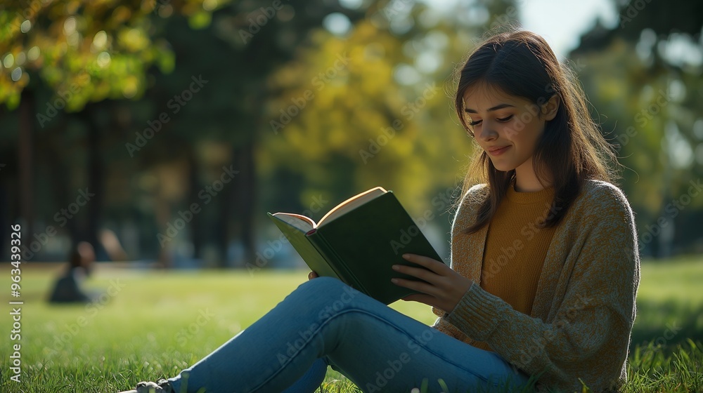 Obraz premium Young woman sitting on grass reading book in a park, enjoying a sunny day.