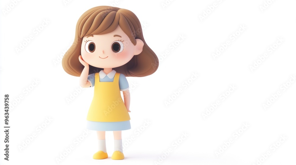 A cute 3D character of a young girl in a yellow dress, evoking a playful and friendly vibe. A cute 3D character of a young girl in a yellow dress, evoking a playful and friendly vibe.