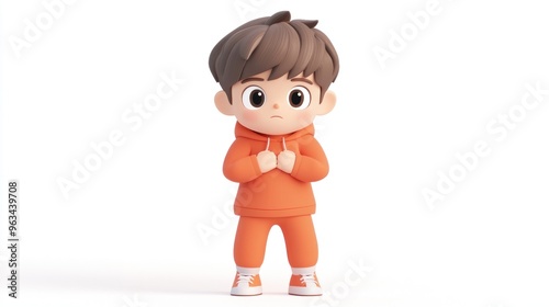 A cute 3D character in an orange outfit, expressing a thoughtful or concerned emotion.