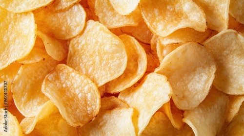 Close-up of Golden Potato Chips Arranged in a Pile