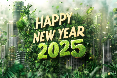 HAPPY NEW YEAR 2025 TEXT On Ecofriendly Background showing reforestation aforestation  photo