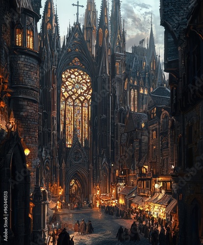 Majestic Fantasy Cathedral in the Moonlit Nightscape Towering Spires and Intricate Gothic photo