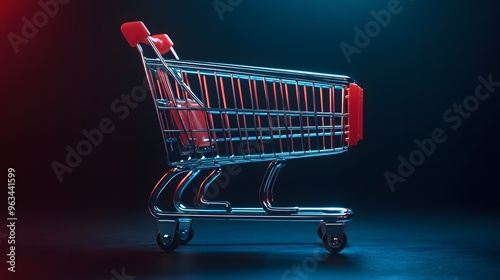 Cart with Tilted Perspective
A shopping cart angled slightly forward, giving a dynamic, tilted perspective. The plain background is softly lit, focusing attention on the cart's structure. photo