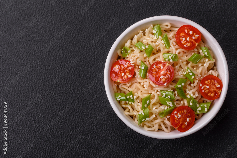 Rice noodles with mushrooms, vegetables, spices and herbs Rice noodles with mushrooms, vegetables, spices and herbs