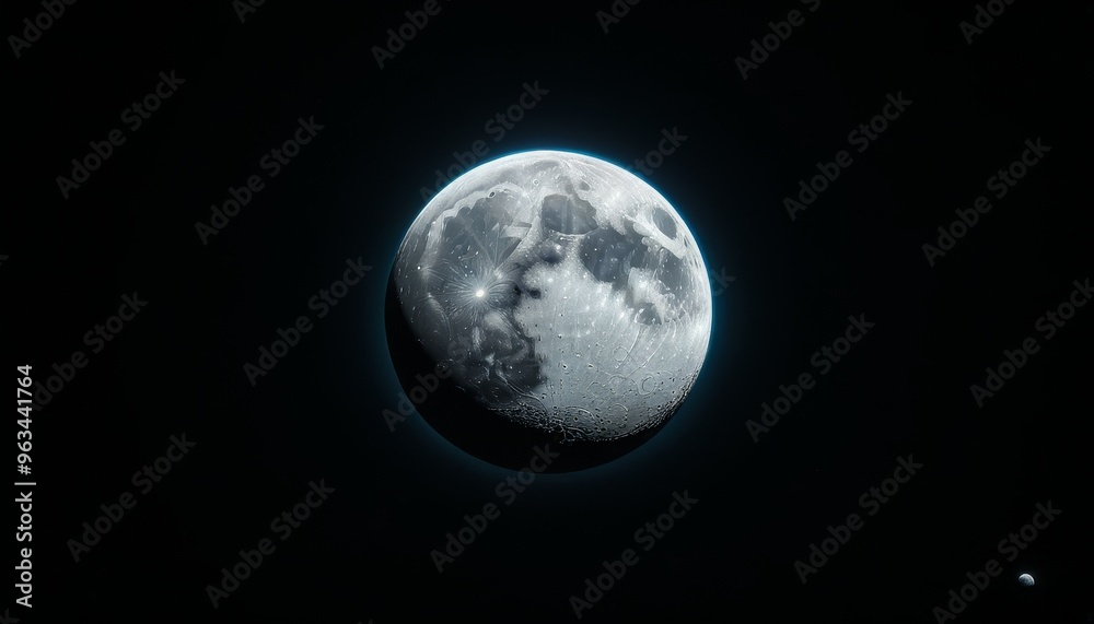 A high-resolution image showing a detailed close-up of the full moon against a black background, with a small distant planet barely visible in the lower corner, symbolizing the vastness of space.. AI A high-resolution image showing a detailed close-up of the full moon against a black background, with a small distant planet barely visible in the lower corner, symbolizing the vastness of space.. AI