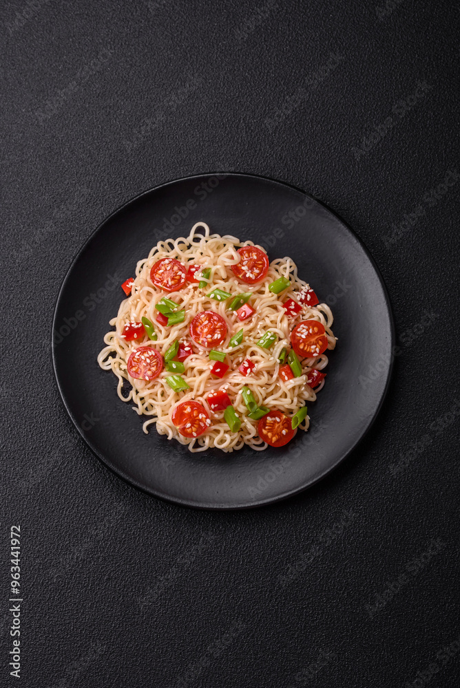 Rice noodles with mushrooms, vegetables, spices and herbs