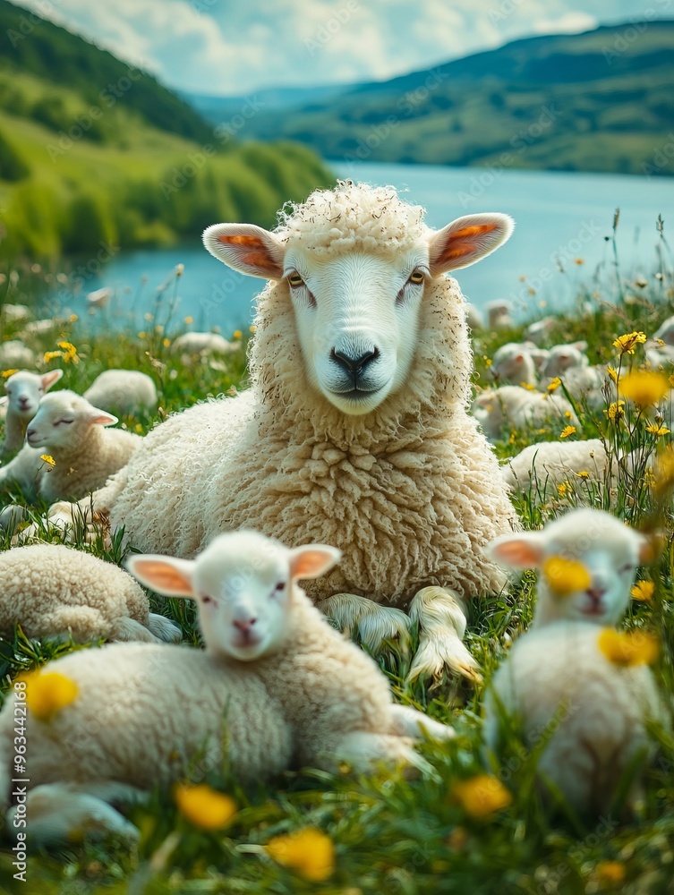 A sheep and her lambs in a field of yellow flowers