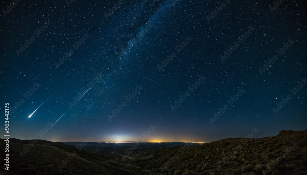 A serene night sky over a mountain landscape, featuring a meteor shower streaking across the heavens and the Milky Way arching gracefully above. The image conveys the beauty and tranquility of a A serene night sky over a mountain landscape, featuring a meteor shower streaking across the heavens and the Milky Way arching gracefully above. The image conveys the beauty and tranquility of a