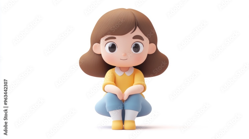 A cute cartoon character with brown hair, wearing a yellow top and blue pants, sitting. A cute cartoon character with brown hair, wearing a yellow top and blue pants, sitting.