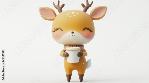 A cute cartoon deer character holding a coffee cup, smiling joyfully.