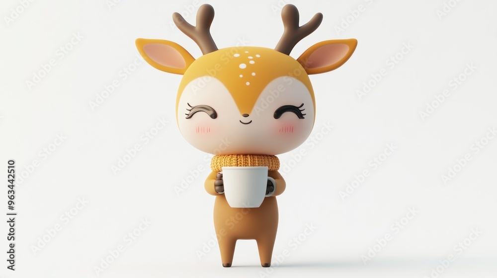 A cute cartoon deer character holding a cup, exuding a warm and cheerful vibe. A cute cartoon deer character holding a cup, exuding a warm and cheerful vibe.