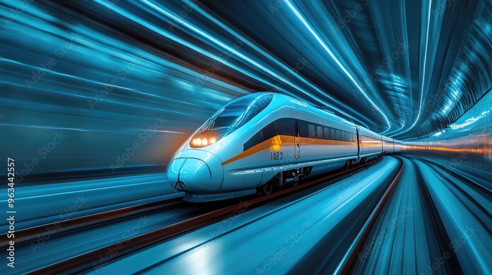A sleek high-speed train speeding along a modern rail track, with a blurred background showcasing its rapid movement and aerodynamic design. A sleek high-speed train speeding along a modern rail track, with a blurred background showcasing its rapid movement and aerodynamic design.