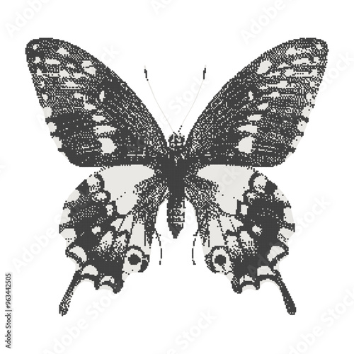 Vintage monochrome butterfly. Collage with a gothic aesthetic. Retro bitmap scrapbooking style with cutout element. Trendy sticker for poster art or t-shirt with photocopy dotted effect.