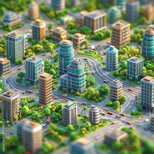 Aerial View of a Miniature Cityscape with Green Spaces and Buildings