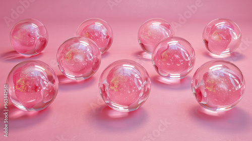 Pink glass glitter spheres on pink background