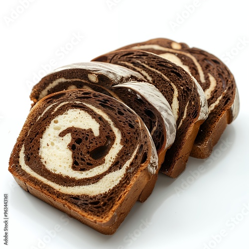Sliced loaf of swirl bread with chocolate and vanilla layers.
