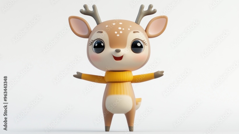 A cute cartoon deer character wearing a yellow sweater, smiling and welcoming. A cute cartoon deer character wearing a yellow sweater, smiling and welcoming.