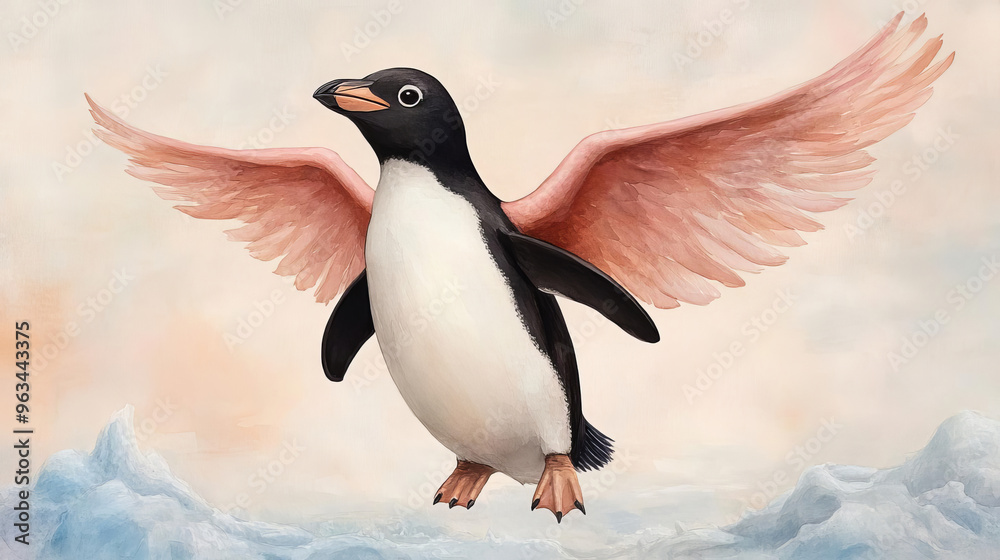 Fototapeta premium A whimsical penguin with pink flamingo wings soars joyfully against soft pastel background, embodying playful spirit.