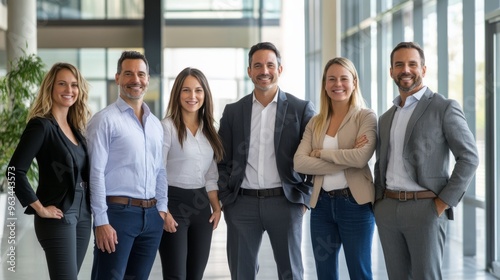 A corporate team of professionals standing together in formal business attire, smiling confidently in a modern office space, success team, recognizing business achievement.