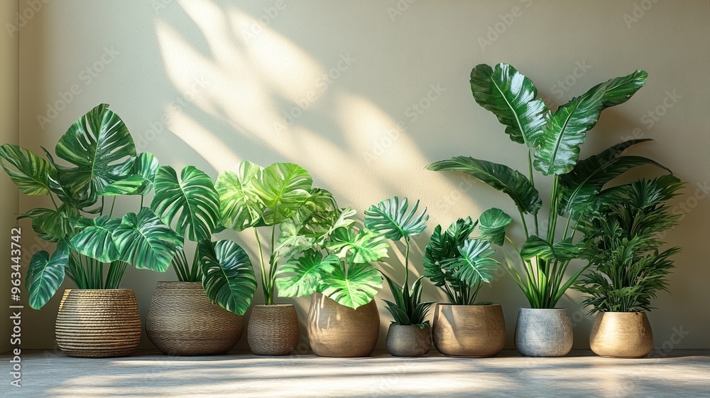 Lush indoor plants in decorative pots against a soft wall backdrop. Lush indoor plants in decorative pots against a soft wall backdrop.