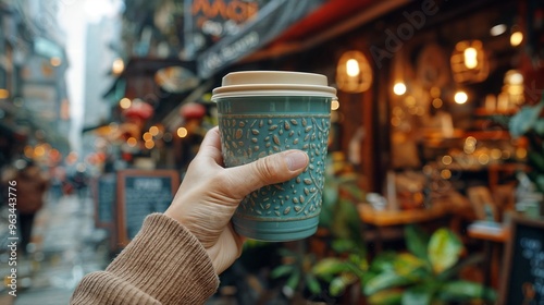 A hand holding a reusable coffee cup outdoors in a busy street setting
 photo