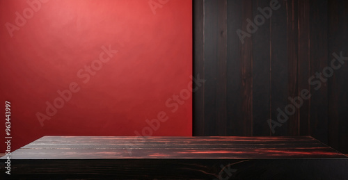 Fototapeta Naklejka Na Ścianę i Meble -  The empty black wooden table top with matte red background. For product display