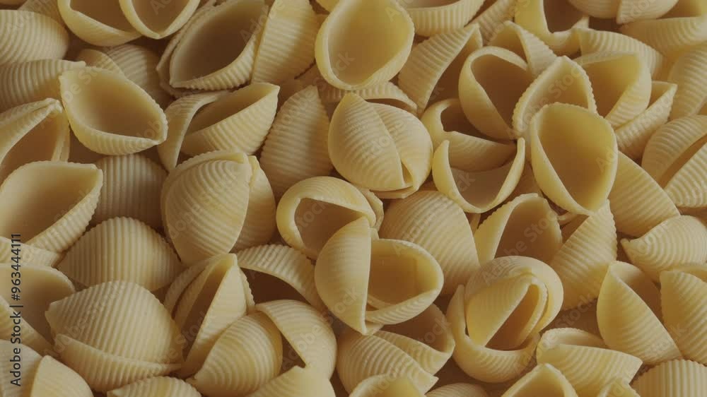 Uncooked conchiglie Pasta rotating macro background. Italian cuisine and culture. Food preparation. Uncooked conchiglie Pasta rotating macro background. Italian cuisine and culture. Food preparation.