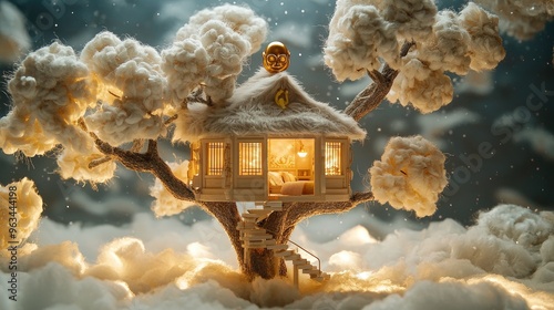 The cozy tree house bed, crafted from soft, furry felt fabric, features a distinctive golden Sun Wukong helmet element at the top, adding a touch photo