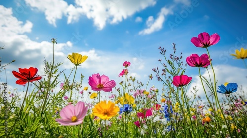 A vibrant field of blooming wildflowers in various colors, swaying gently in the breeze under a bright blue sky.