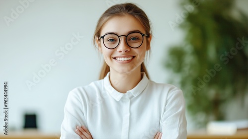 Professional young woman with glasses smiles confidently in a bright, modern office environment during the daytime.