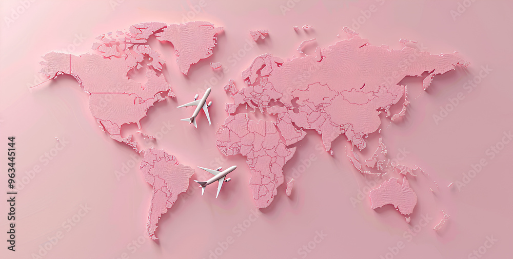 A pink map of the world with an airplane flying across it, soft aesthetic, minimalist style, black ink on white background A pink map of the world with an airplane flying across it, soft aesthetic, minimalist style, black ink on white background
