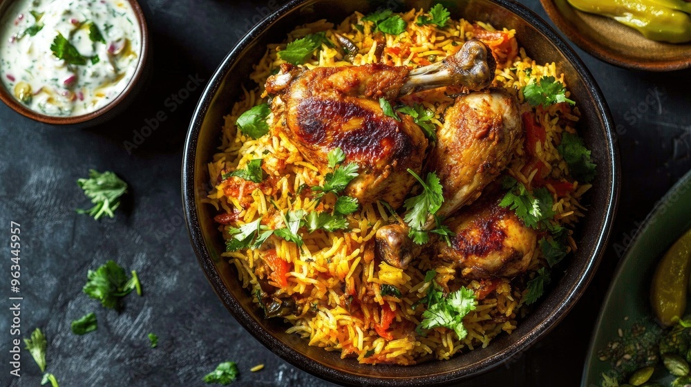 Aromatic bowl of chicken biryani with layers of saffron rice and tender chicken, served with raita and a side of pickles Aromatic bowl of chicken biryani with layers of saffron rice and tender chicken, served with raita and a side of pickles