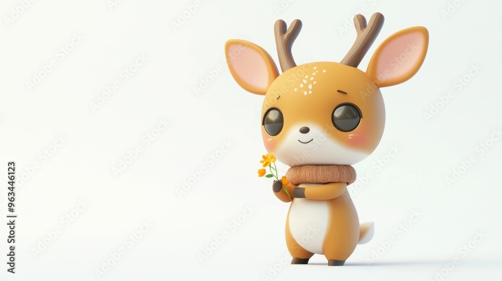 A cute cartoon deer holding a flower, exuding a friendly and playful vibe. A cute cartoon deer holding a flower, exuding a friendly and playful vibe.
