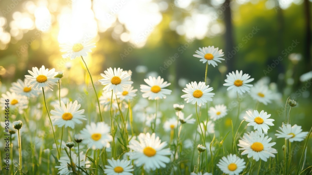 White daisies bloom in a grassy meadow, bathed in warm, golden sunlight at sunset, evoking a peaceful, serene atmosphere of nature. White daisies bloom in a grassy meadow, bathed in warm, golden sunlight at sunset, evoking a peaceful, serene atmosphere of nature.