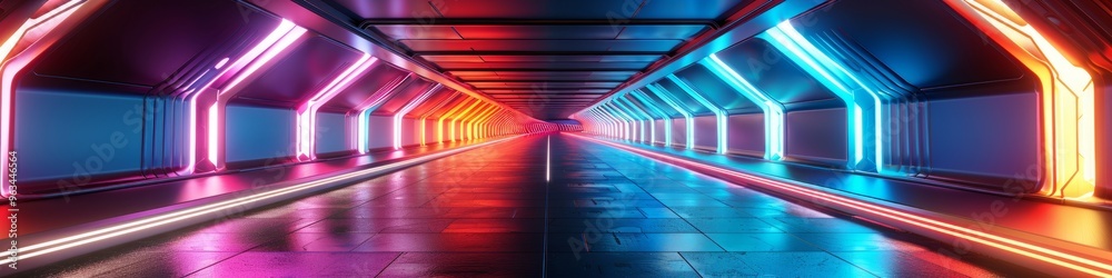 Fototapeta premium Create a futuristic corridor with hexagonal panels in neon colors. Use overhead lighting for a sci-f