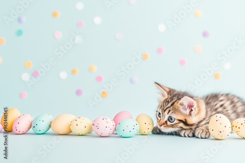 Curious kitten lying next to pastel-colored Easter eggs on a soft blue background with scattered confetti, creating a playful springtime scene.