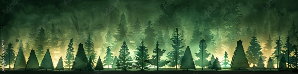 Obraz premium Create a geometric forest with pyramid trees in emerald green. Use backlighting to create silhouette