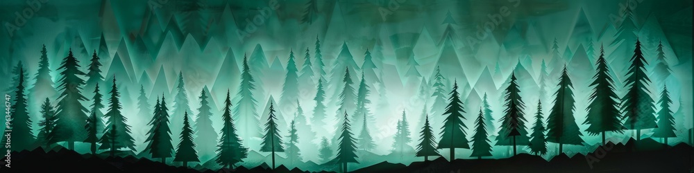 Obraz premium Create a geometric forest with pyramid trees in emerald green. Use backlighting to create silhouette