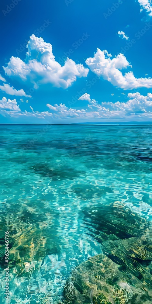 Naklejka premium A view of the ocean with clear blue water and white clouds