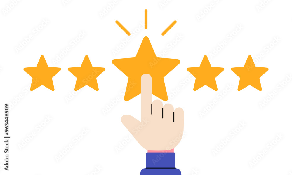 Five Yellow Stars Rating with Hand Pressing Central Star in Flat Style Vector Illustration Five Yellow Stars Rating with Hand Pressing Central Star in Flat Style Vector Illustration
