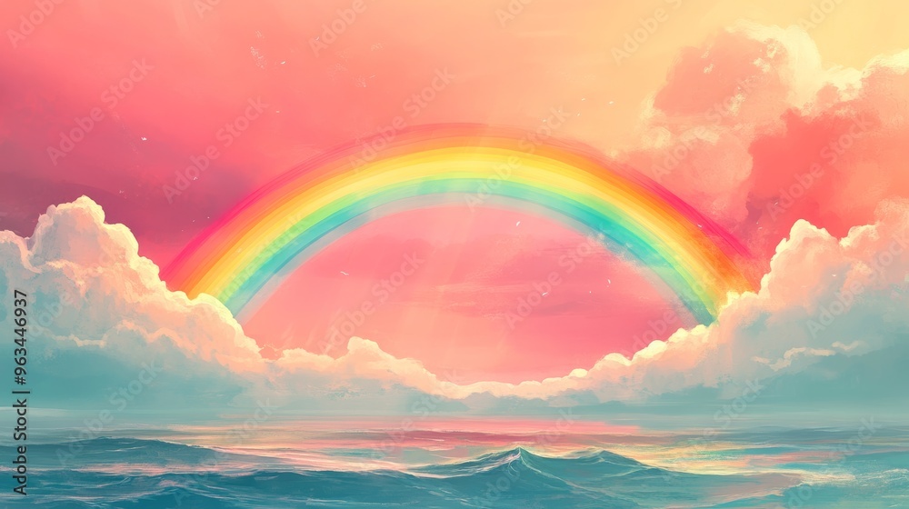 Rainbow over the ocean with vibrant sunset Rainbow over the ocean with vibrant sunset