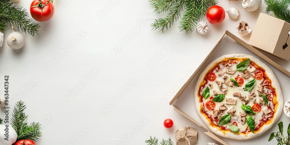 Top-down view of pizza box mockup surrounded by cozy kitchen decor, soft light, realistic product presentation Top-down view of pizza box mockup surrounded by cozy kitchen decor, soft light, realistic product presentation