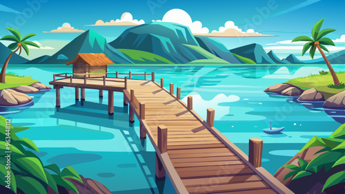 serene lagoon with crystal-clear waters, a small wooden pier extending into the sea, and a bright, clear sky with no clouds