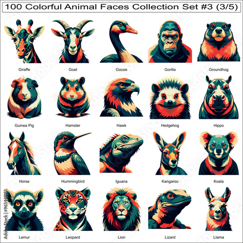 Colorful Animal Faces Collection Set of 100 Isolated Animals Part 3